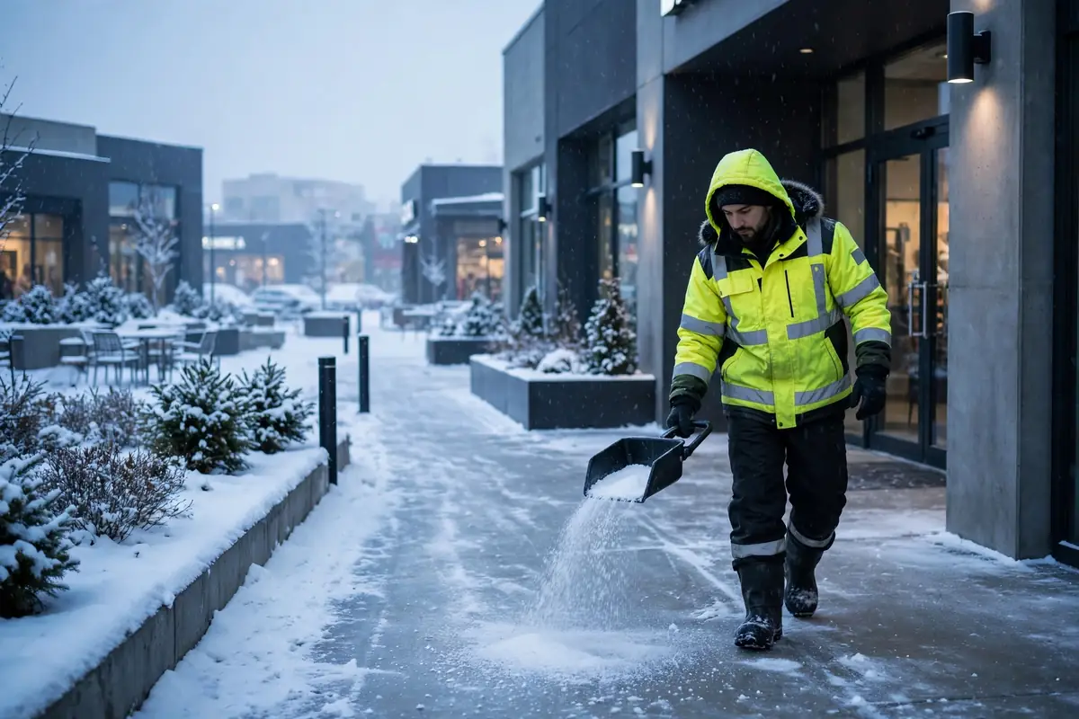 Worker spreading de-icer at a commercial building entrance at dawn